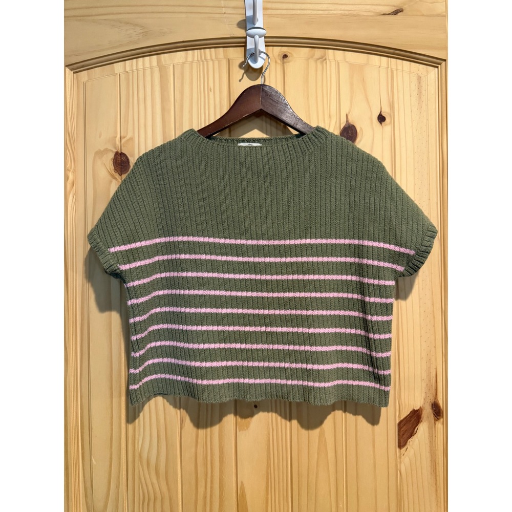 Entro Womens Small Olive Green Pink Striped Ribbed Knit Short Sleeve Sweater Top